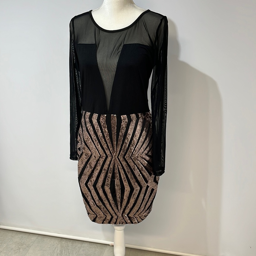 Mini Dress Sz L Black Gold Pink Long Sleeves Mesh Shadow Sequin Bottom NWT